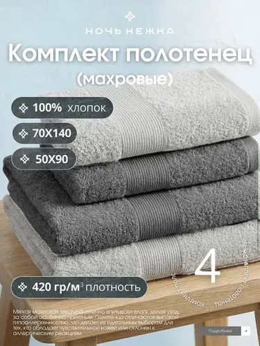 Набор полотенец махровых Ночь Нежна цвет Серый/графит 50х90см 2шт, 70х140см 2шт; банные полотенца для ванной