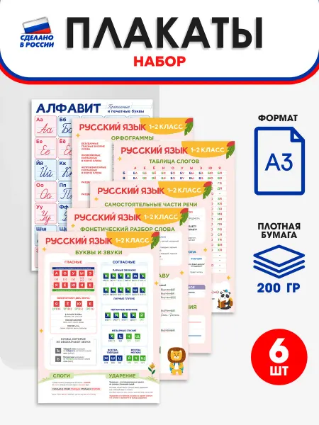 Школьный ХАЙП Обучающие плакаты для детей А3 "Русский язык 1-2 класс"