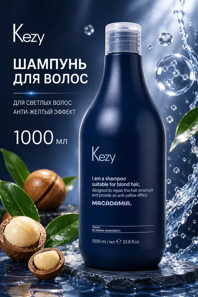 Шампунь KEZY против желтизны, для блондинок, с макадамией, 375 мл