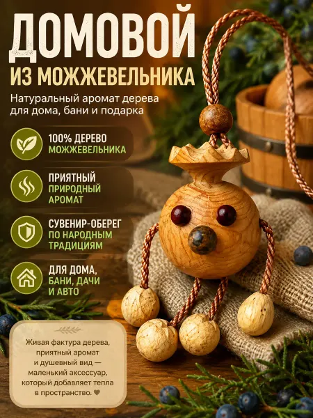Веллери Подвеска оберег из дерева для дома и бани - домовенок