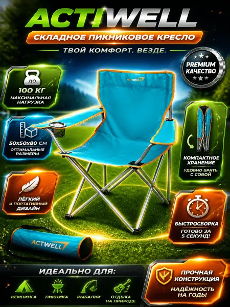ACTIWELL Кресло складное для пикника 50x50x80 см, до 100 кг