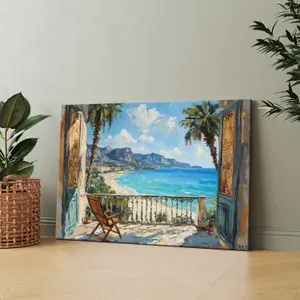 Картина на холсте (балкон, море, пейзаж, пляж, горы, пальмы, кресло) 50x70 см. Интерьерная на стену. Украшение в комнату. В подарок.