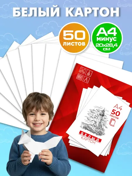 Prof-Press Белый картон для школы А4 матовый, 50 листов