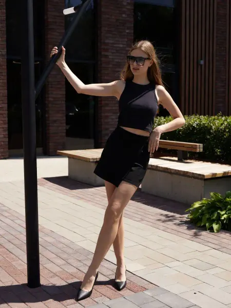 AnSo Stile Черная юбка шорты женская замшевая широкая осень отпуск