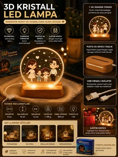 3D кристальная LED лампа, ночник USB, декоративный светильник, подарок для влюблённых