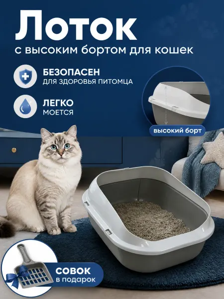 Кошачий туалет для кота с совком, большой, серебристый