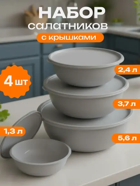 Альт-Пласт Салатники миски пластиковые с крышками набор 4 шт