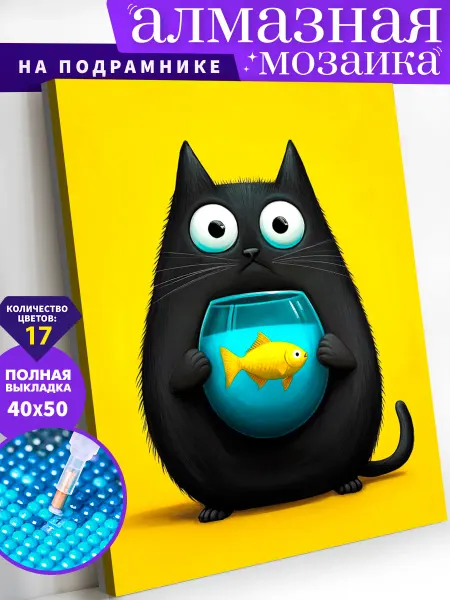 Art on Canvas Котик с аквариумом Алмазная мозаика на подрамнике 40х50 см