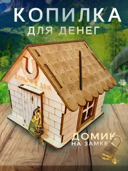 SOUVENIRVSEM Копилка деревянная домик с замком и ключом