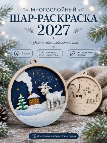 Decorika43 Елочный шар из дерева Символ года 2027 Коза