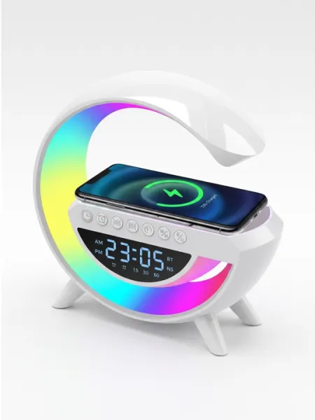 Беспроводная Bluetooth колонка с беспроводной зарядкой,RGB подсветкой,часами и будильником