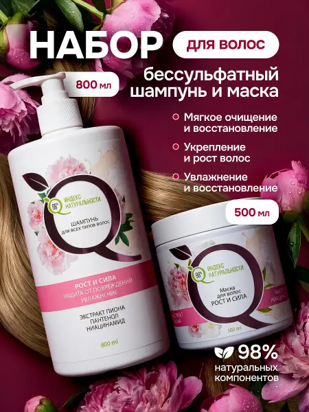 Индекс Натуральности Женский шампунь для волос, бессульфатный набор с маской