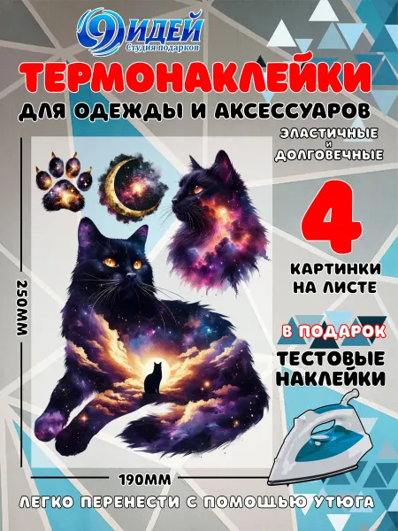 Термонаклейка DTF для одежды 19*25 Космический чёрный кот 1