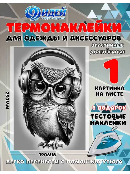 Термонаклейка DTF для одежды 19*25 см Сова в наушниках