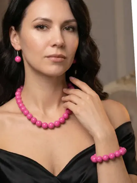 Glamia Бусы ярко розовые крупные с серьгами и браслетом