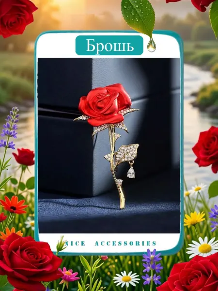 Элегантная брошь "Красная Роза с Подвеской"