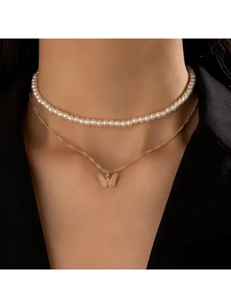 Kiss Buty Двойное колье с жемчужной нитью и цепочкой с бабочкой