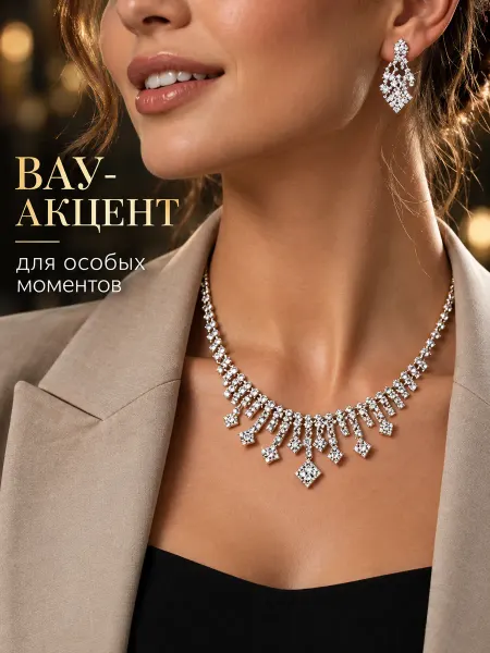 Diacriss Женские украшения колье и серьги под серебро вечернее на шею