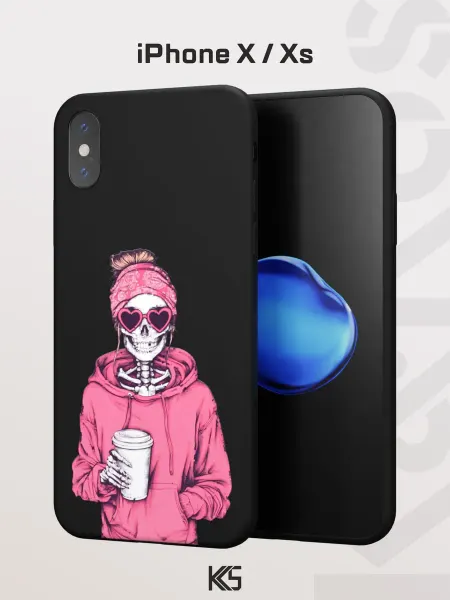 Варибрус Чехол на iPhone X и XS с принтом Розовый скелет