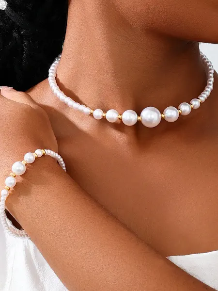 LADY PANTHER Jewelry Комплект бижутерии жемчужный колье и браслет