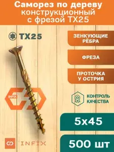 Саморезы по дереву с фрезой 5х45 желтый цинк TX25 (500 шт)