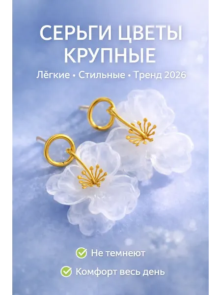 Серьги Цветы крупные белые