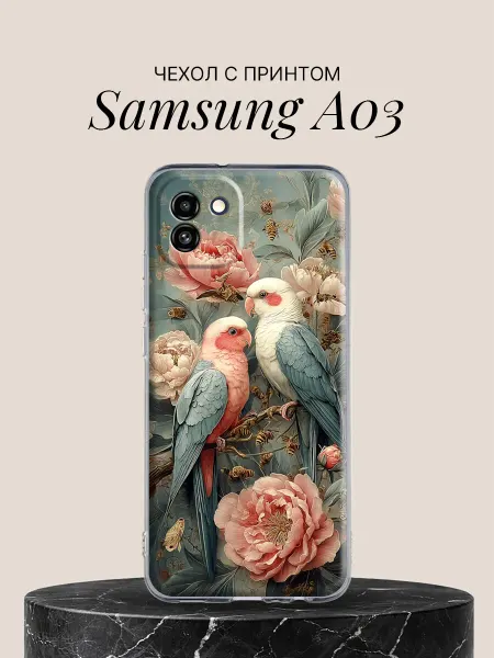 Samsung Чехол на A03 с принтом Попугаи с пионами