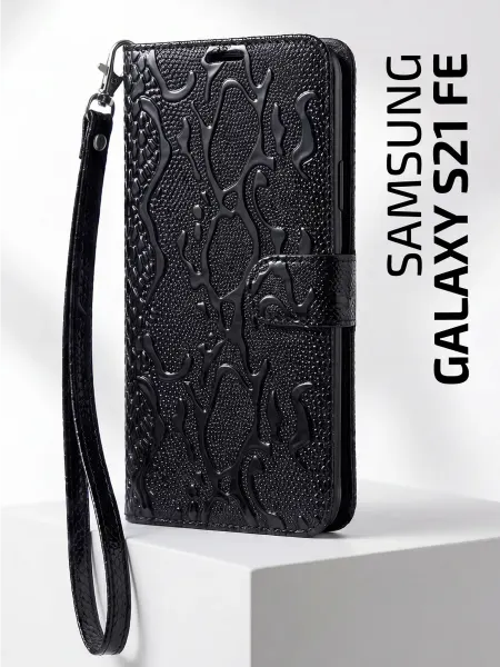 Чехол-книжка на Samsung S21 FE, змея, черный