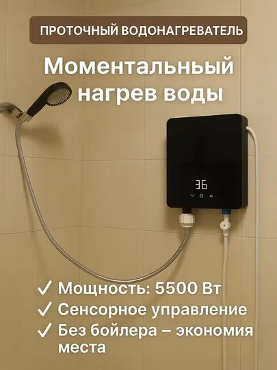 Проточный водонагреватель 5500 Вт с сенсорным управлением, компактный