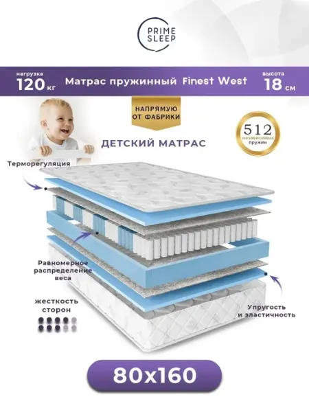 Prime Sleep Матрас 80х160 пружинный ортопедический