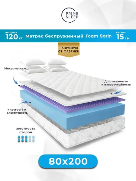 Prime Sleep Матрас 80х200 беспружинный ортопедический