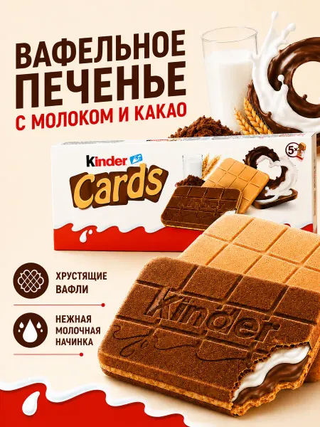 Kinder Печенье со сливочной начинкой и какао, 128 гр