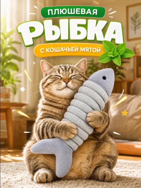 ИНТОНАЦИЯ Игрушка для кошек интерактивная плюшевая рыбка с мятой