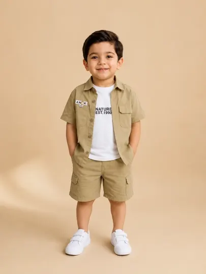 Летний комплект для мальчиков, футболка шорты, kids summer set, бежевый костюм