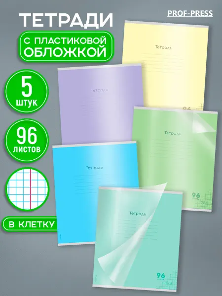 Prof-Press Тетрадь в клетку 96 листов 5 штук пластиковая обложка