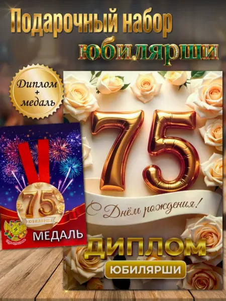 Подарочный набор диплом и медаль на юбилей 75 лет
