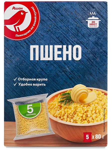 Пшено АШАН Красная птица для варки в пакетиках, 5х80 г