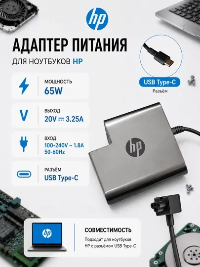 Блок питания для ноутбука HP, зарядное устройство 65 Вт, 19.5 В, 3.33 А