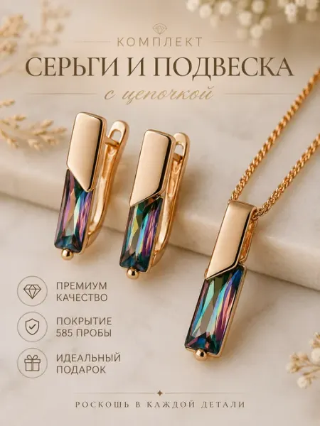 585RG Набор бижутерии серьги и цепочка с подвеской позолоченные