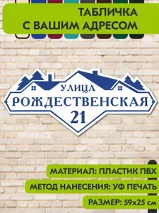 Адресная табличка на дом "Домовой знак" бело-синяя, 590х255 мм., из пластика, УФ печать не выгорает