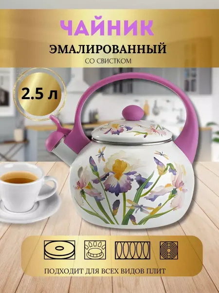 Чайник для плиты эмалированный со свистком 2,5 л ирисы