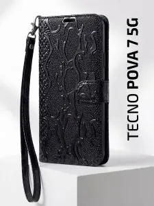 Чехол-книжка на Tecno Pova 7 5G / Чехол на Техно Пова 7 5Джи c магнитной застежкой, отделением под карты, со шнурком, змея, черный