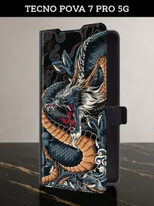 Чехол-книжка на Tecno Pova 7 Pro 5G (Текно Пова 7 Про 5G) с картой и принтом "Japanese Dragon"