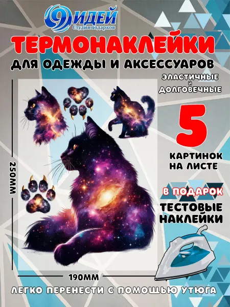 Термонаклейка DTF для одежды 19*25 Космический чёрный кот 6