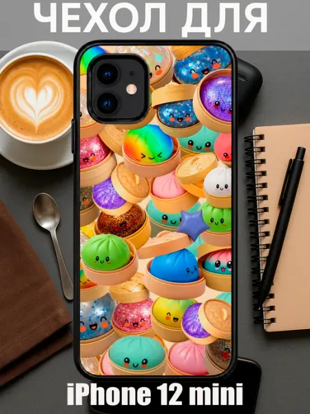 Чехол на iPhone 12 Mini с принтом дамплинг пельмешки коллаж