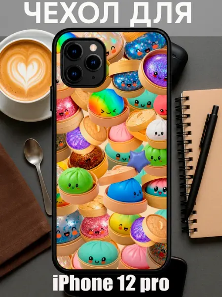 Чехол на iPhone 12 Pro с принтом дамплинг пельмешки коллаж