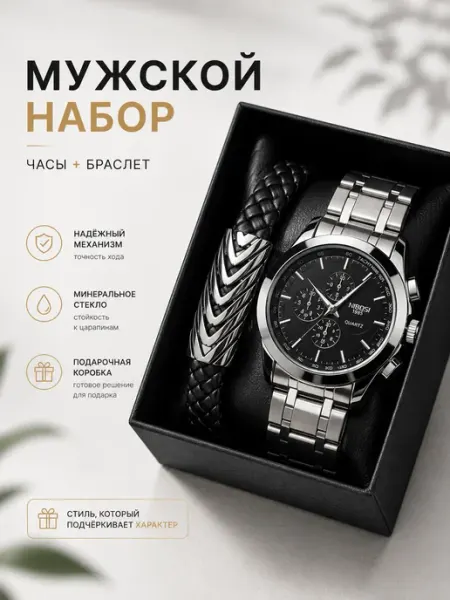 Time Shop Часы мужские наручные кварцевые набор с браслетом в подарок