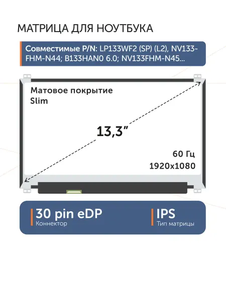 AZERTY Матрица 13.3" NV133FHM-N44 30 pin eDP Slim 1920x1080 ADS