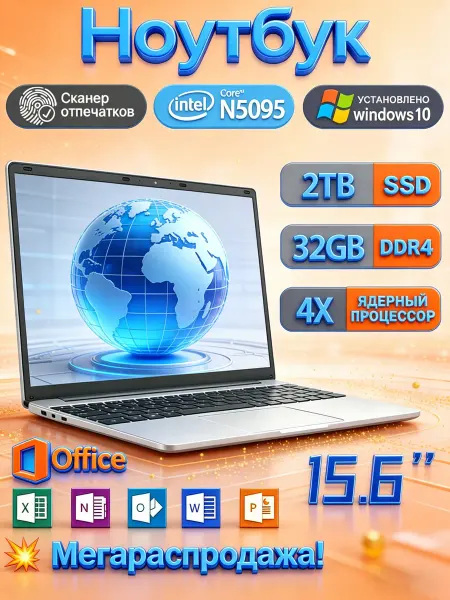 Ноутбук 32ГБ 2ТБ Win10 Pro IPS премиальный для учебы