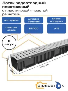 Лоток водоотводный пластиковый Gidrolica Light с решеткой стальной оцинкованной DN100 1000мм х 115мм х 96мм класс A15 (комплект 8 штук)